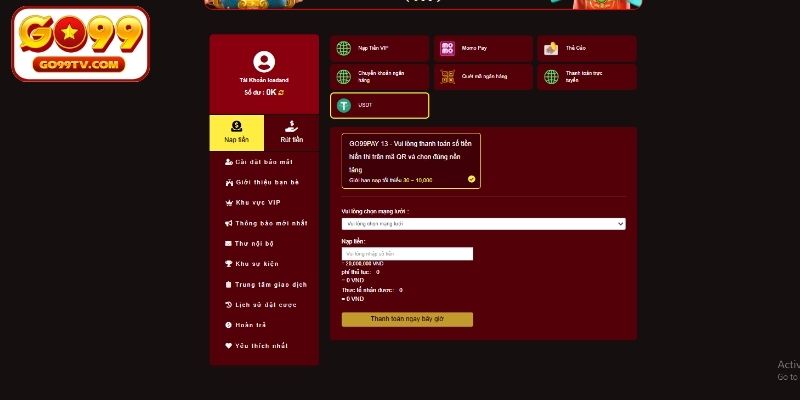 Nạp tiền GO99 bằng USDT
